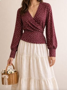 Boden Belle Wrap Blouse Maroon Rainbow Tie Waist Long Sleeve Women's Top Sz 6